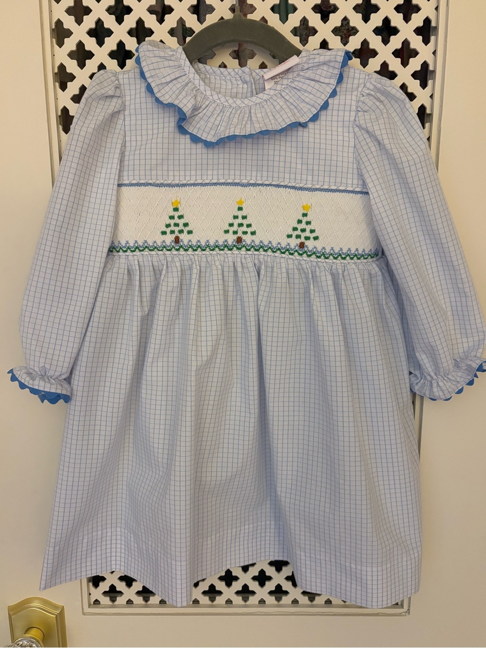 Stichy Fish 3T Classic Blue Checked Smocked Kids Dress with Tree Motif